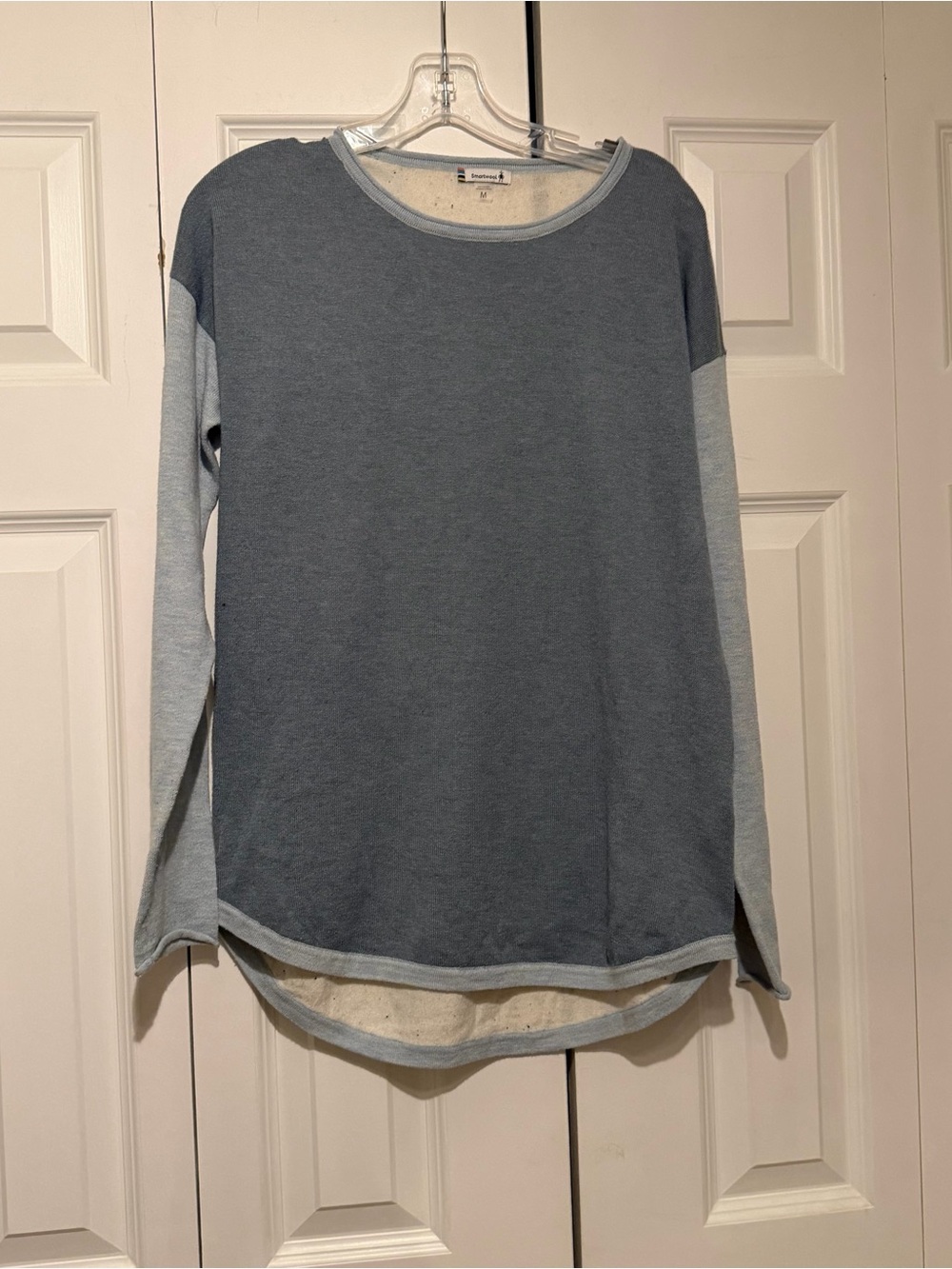 Smartwool Shadow Pine Colorblock Crew Sweater in a blue heather shade Medium